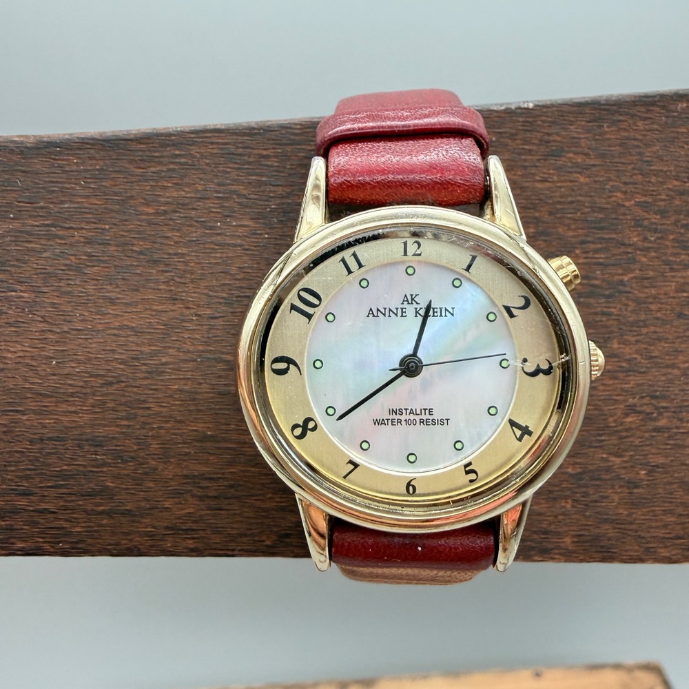 Anne Klein AK Instalite Watch Mother of Pearl Dial Red Leather Band 10/7160A